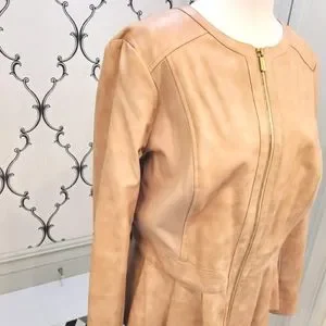Faux leather light pink peach peplum jacket. Size Large. Thadia Sodi
